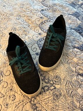 Vessi Black Knit Weekend Sneakers with Teal Laces and White Soles